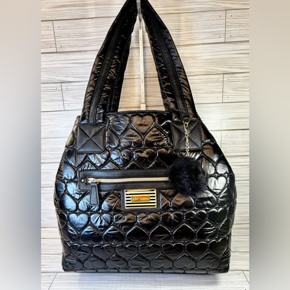 Betsey Johnson Handbags - 014- Betsey Johnson Black Heart shape Quilted Nylon Puffer Tote Bag